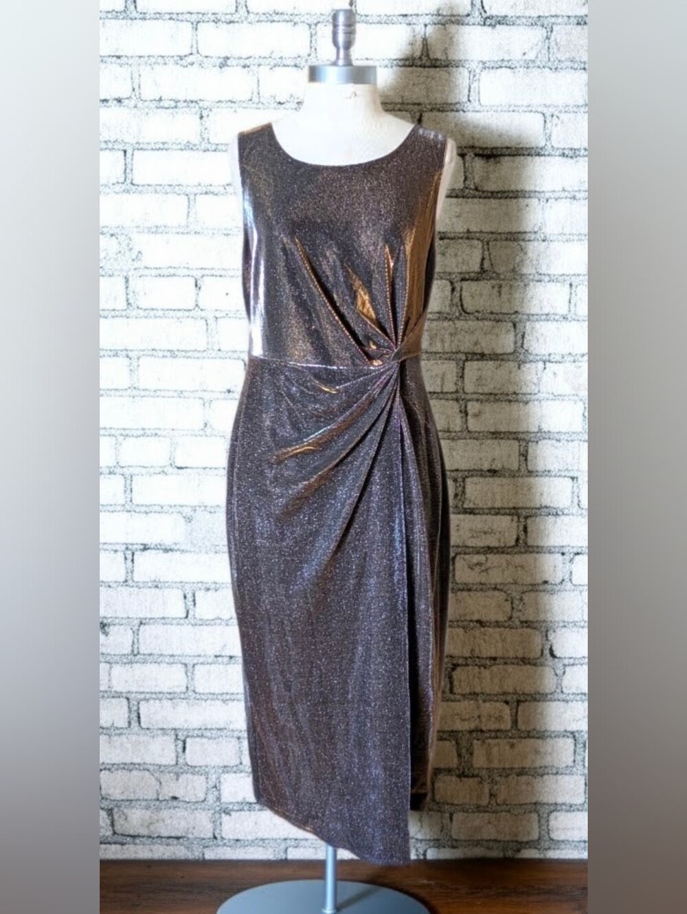 Connected Apparel Shimmer Bronze Gold Midi Sheath Dress